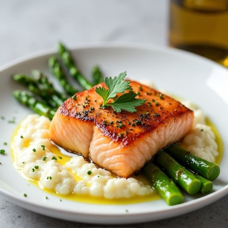 Seared Salmon with Steamed Asparagus and Cauliflower Mash