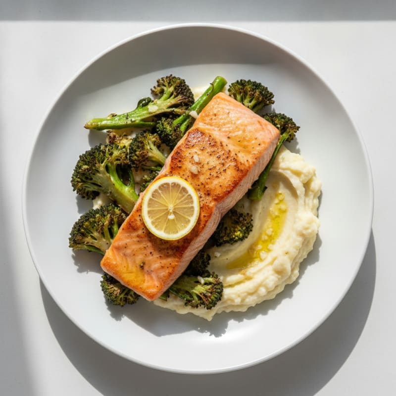Seared Salmon Fillet with Roasted Broccoli and Garlic Mashed Cauliflower