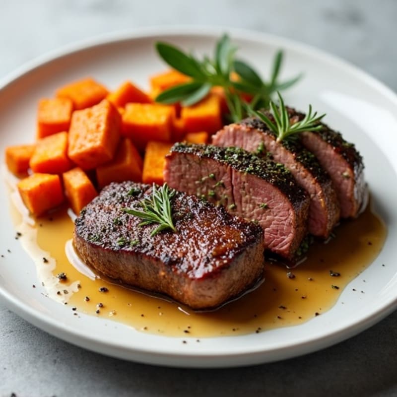 Herb-Crusted Sirloin with Maple-Roasted Sweet Potatoes