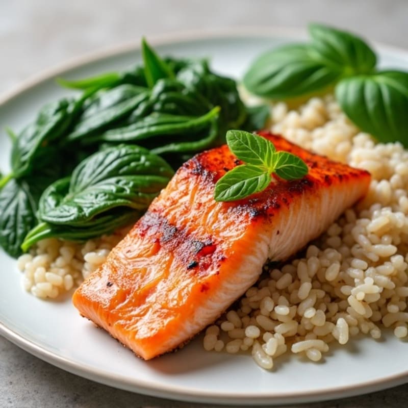 Seared Salmon with Creamy Spinach and Brown Rice