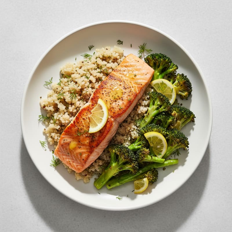 Seared Salmon with Roasted Broccoli and Quinoa