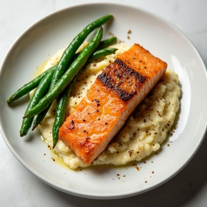 Seared Salmon with Garlic Green Beans and Cauliflower Mash