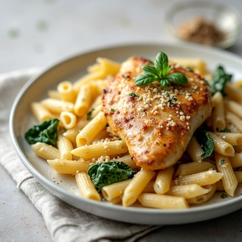 Chicken with Creamy Garlic Parmesan Whole Wheat Pasta