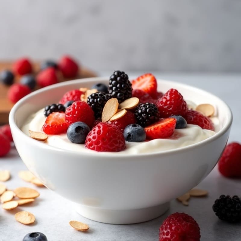 High Protein Yogurt Bowl with Mixed Berries and Almonds