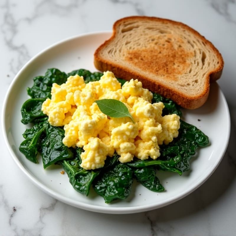 Scrambled Eggs with Cottage Cheese and Sautéed Spinach