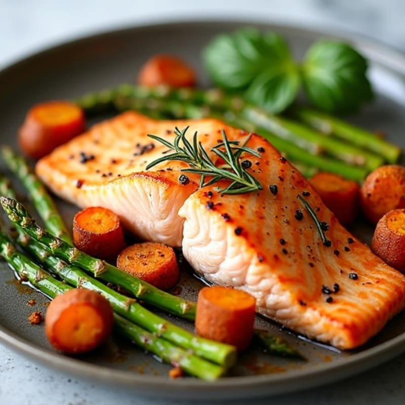 Sheet Pan Lemon Herb Salmon with Crispy Roasted Asparagus and Sweet Potatoes