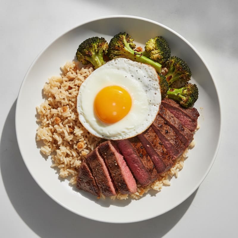 Seared Steak with Garlic Rice and Roasted Broccoli