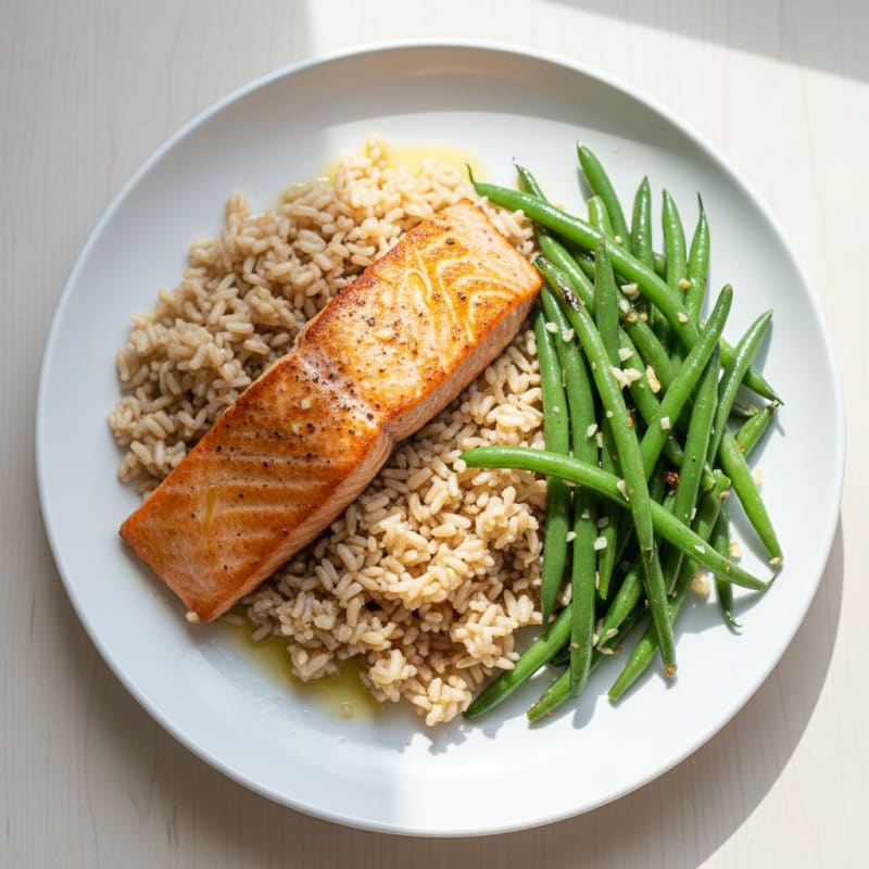 Seared Salmon with Garlic Green Beans and Brown Rice