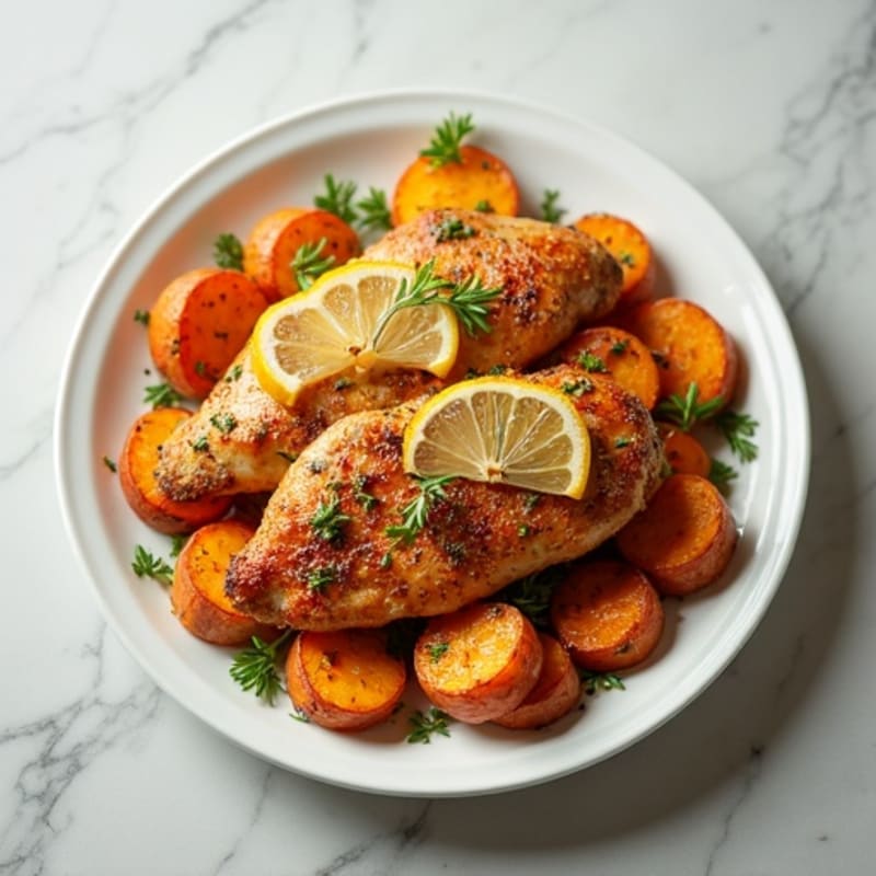Crispy Roasted Sweet Potatoes with Lemon-Herb Chicken