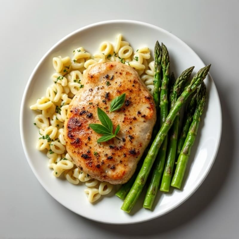 Pan-Seared Chicken with Creamy Pesto Pasta and Roasted Asparagus