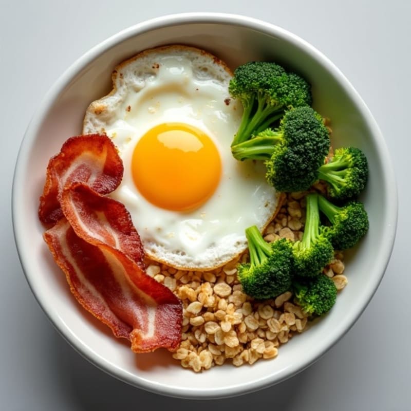 Bacon and Egg Oatmeal Bowl with Sautéed Broccoli