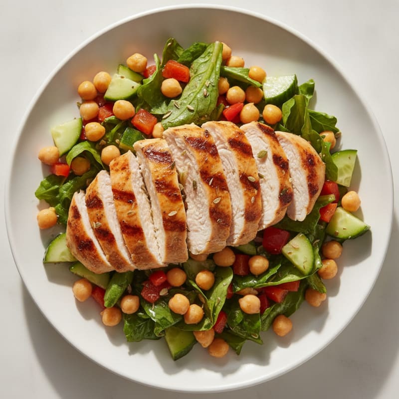 Grilled Chicken Breast Salad with Chickpeas and Crunchy Vegetables