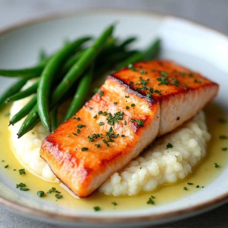Seared Salmon Fillet with Garlic Green Beans and Cauliflower Mash