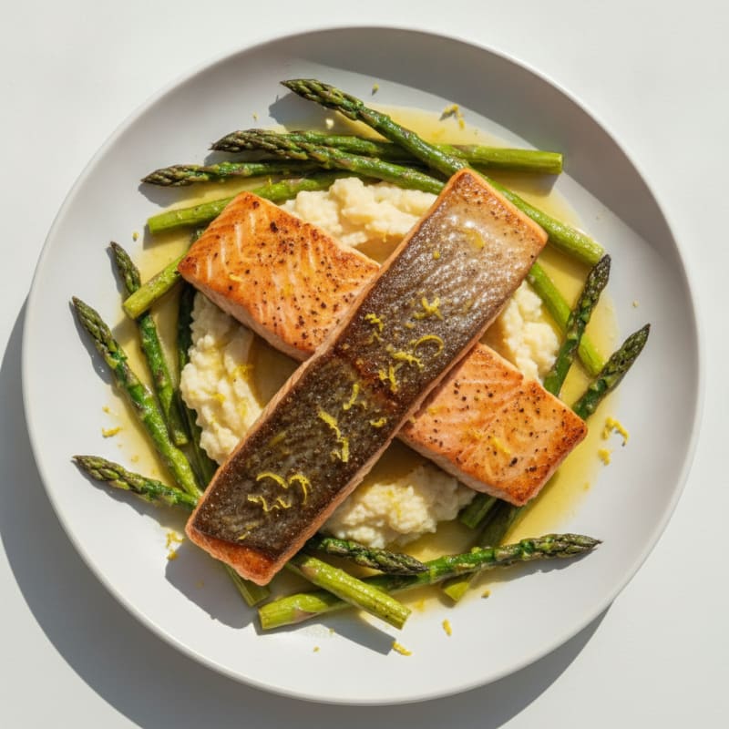 Seared Salmon with Roasted Asparagus and Cauliflower Mash