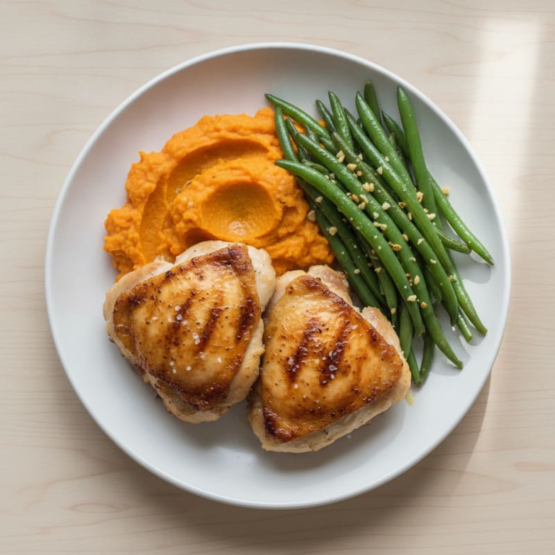Seared Chicken Thighs with Garlic Green Beans and Sweet Potato Mash