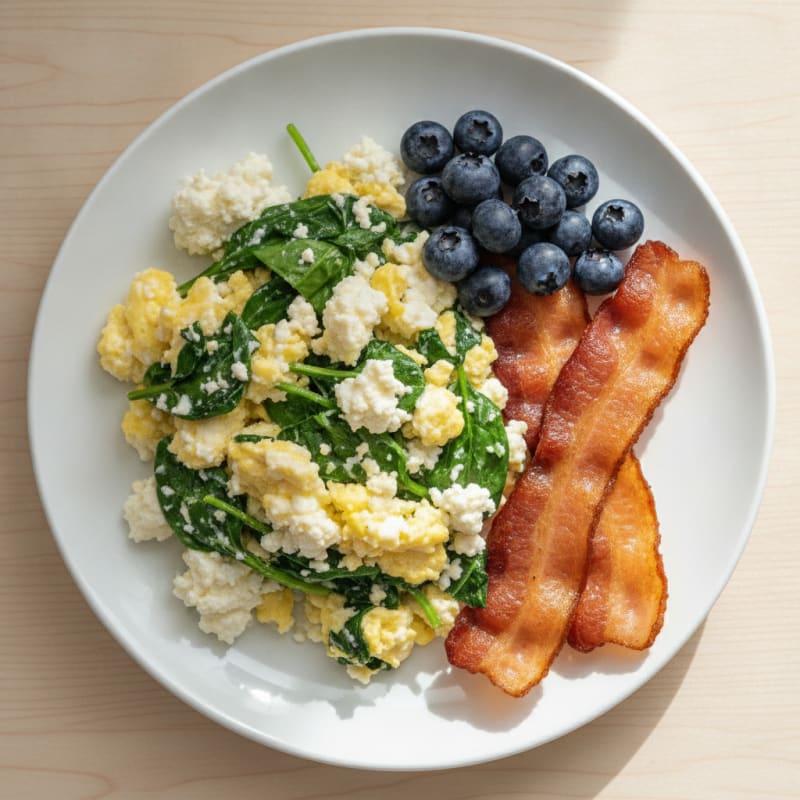 Cottage Cheese Scramble with Spinach and Turkey Bacon