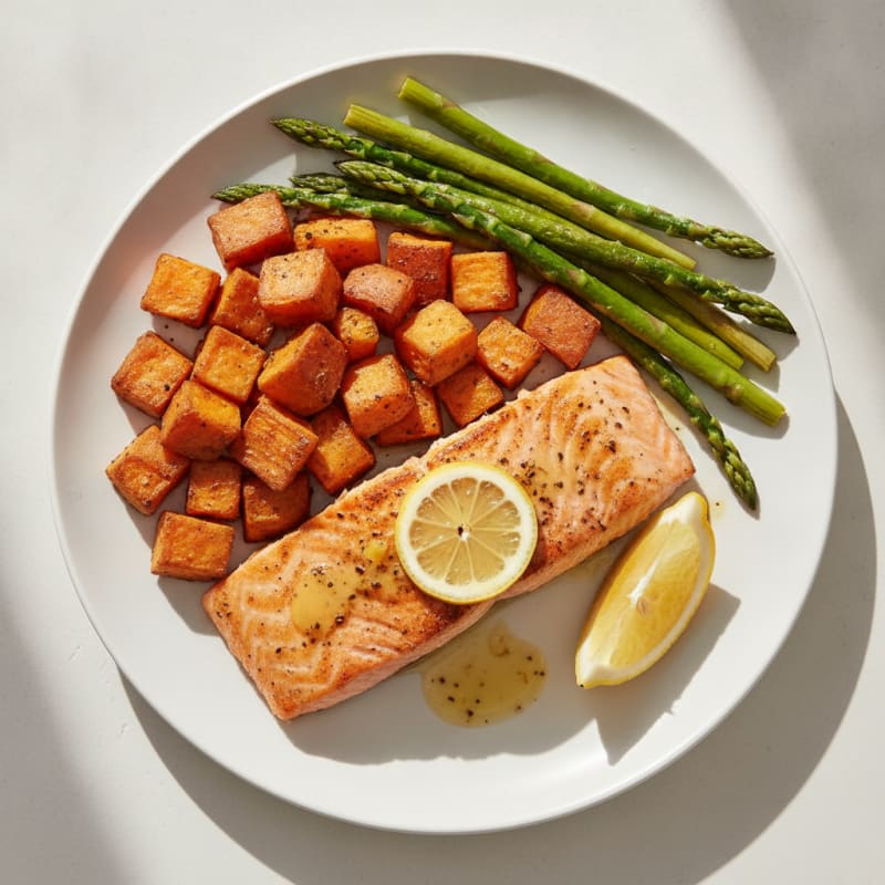 Seared Salmon with Roasted Sweet Potatoes and Asparagus