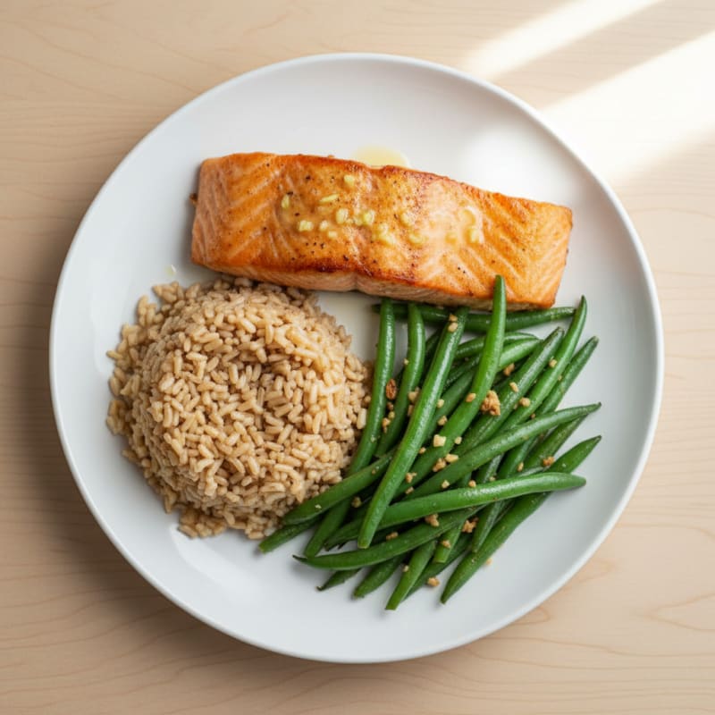 Seared Salmon with Garlic Green Beans and Brown Rice