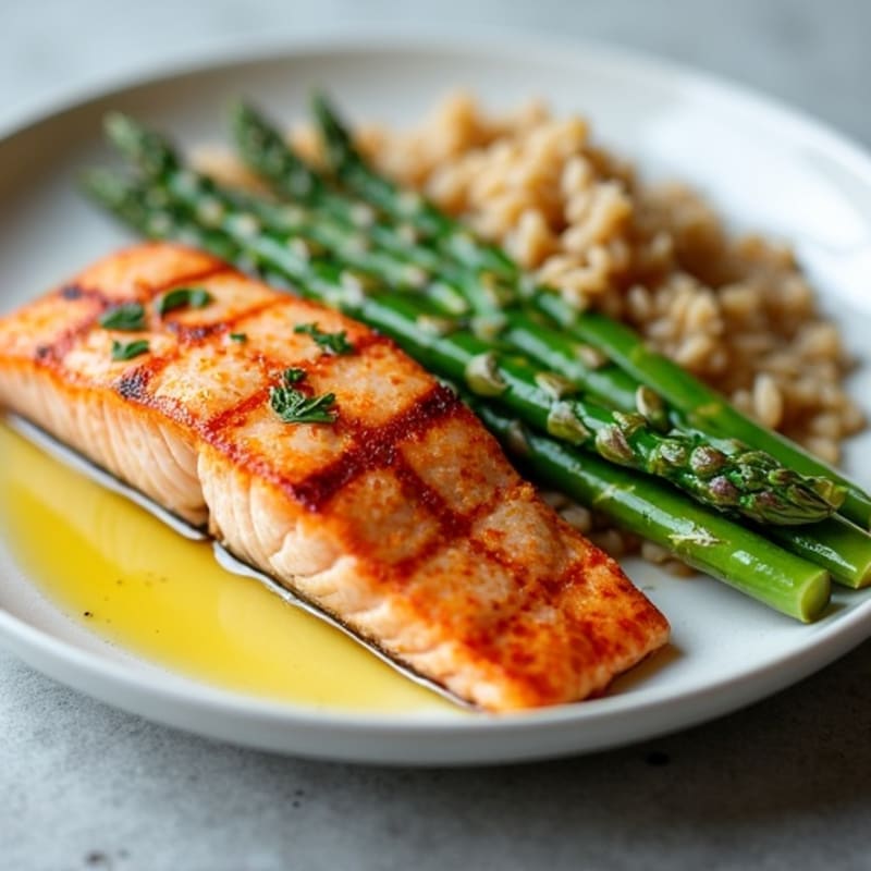 Seared Salmon Fillet with Steamed Asparagus and Brown Rice