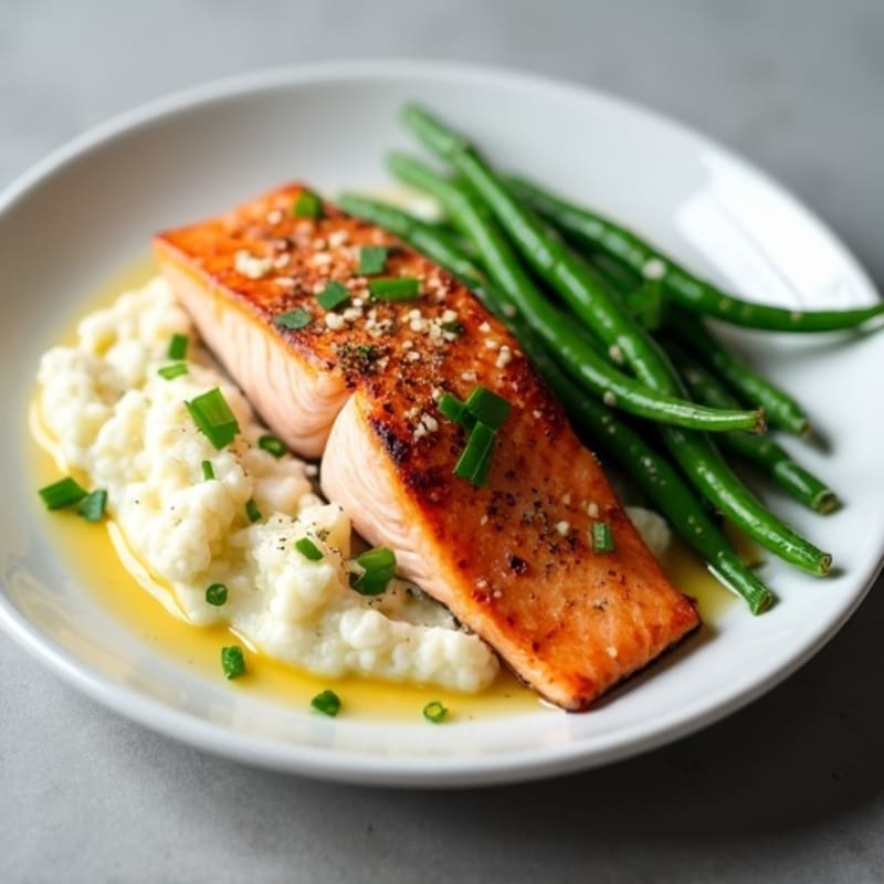 Seared Salmon with Garlic Green Beans and Cauliflower Mash