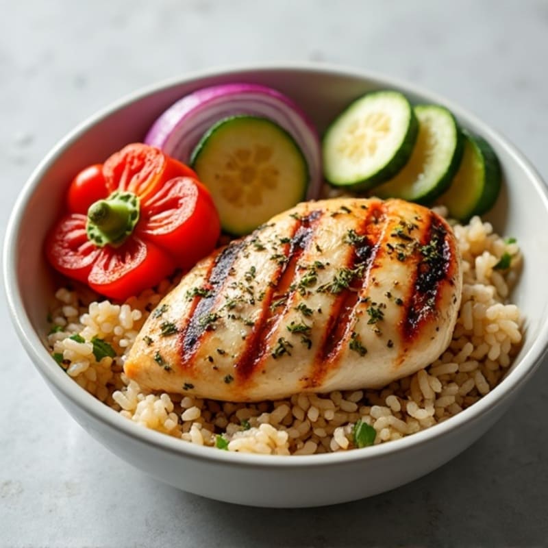 Herb-Garlic Grilled Chicken with Roasted Vegetable Rice Bowl
