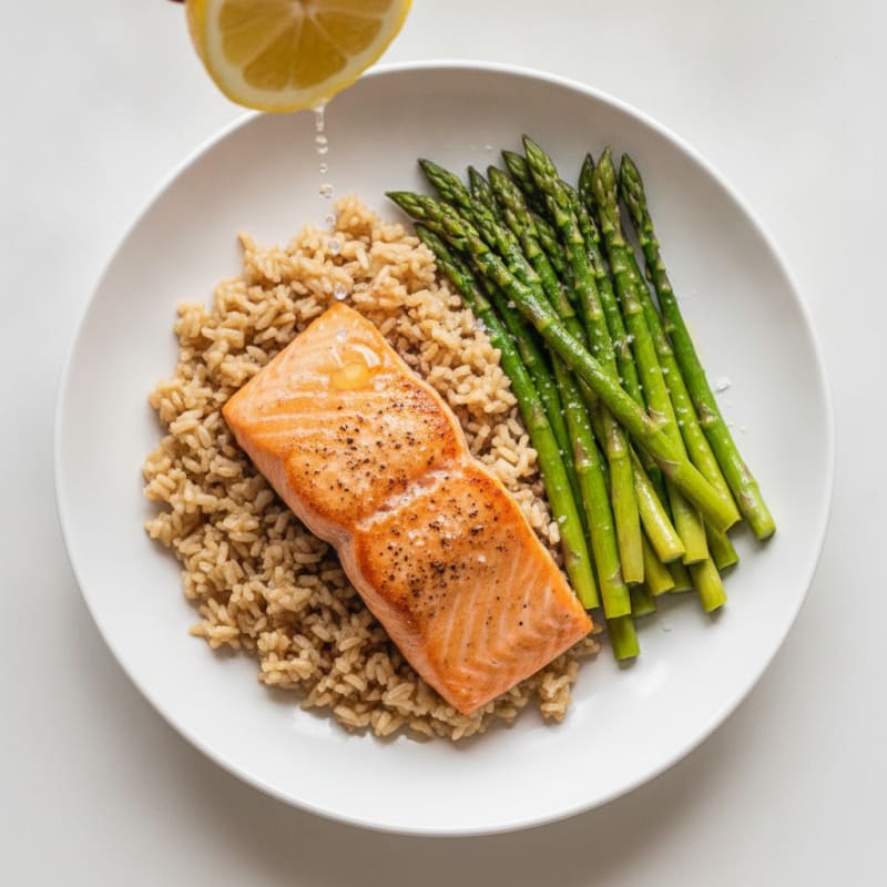 Seared Salmon with Steamed Asparagus and Brown Rice