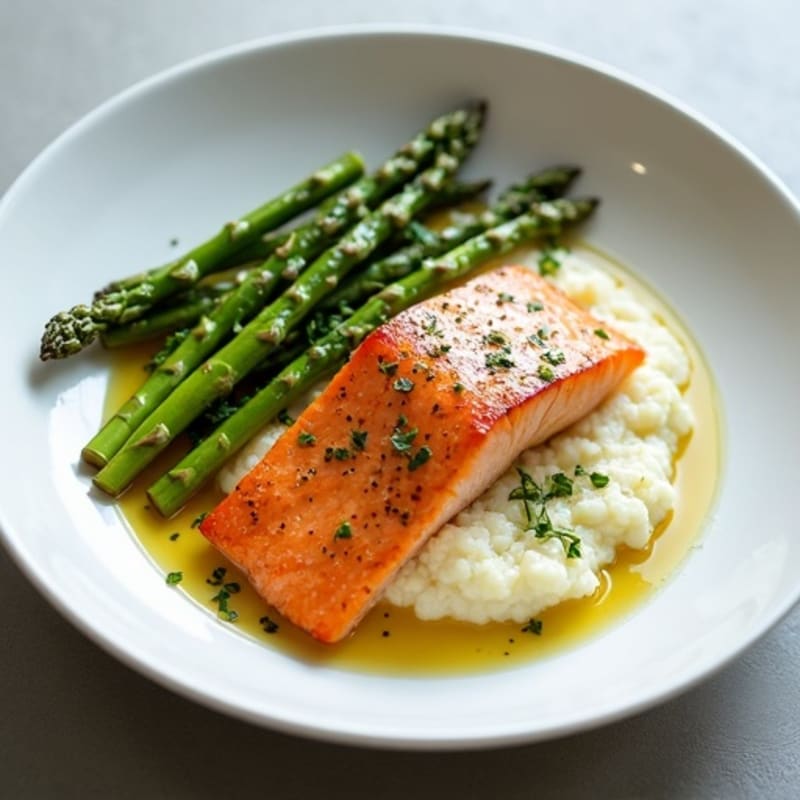 Seared Salmon with Roasted Asparagus and Cauliflower Mash