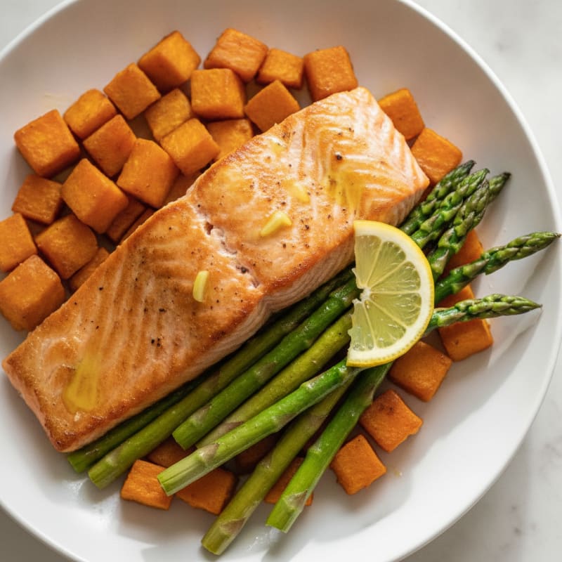 Seared Salmon with Roasted Sweet Potato and Asparagus