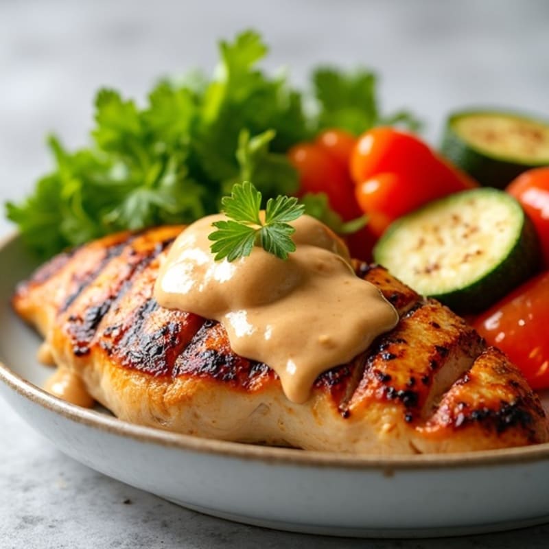 Grilled Chicken with Creamy Peanut Sauce and Roasted Vegetables
