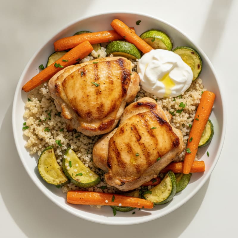 Grilled Chicken Thighs with Quinoa, Roasted Courgettes and Carrots