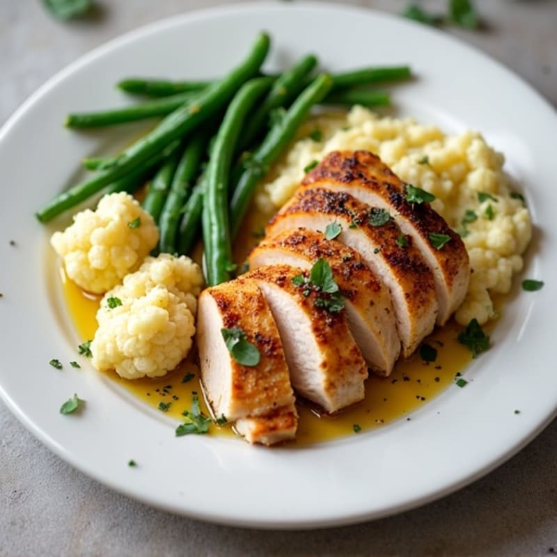 Seared Turkey Breast with Garlic Green Beans and Mashed Cauliflower