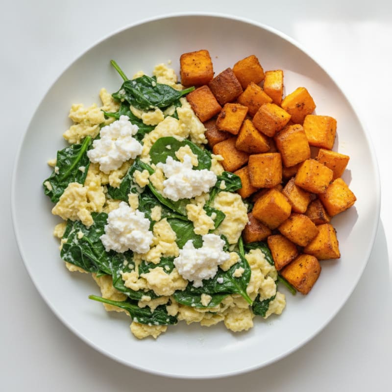 Egg White and Spinach Scramble with Cottage Cheese and Roasted Sweet Potatoes