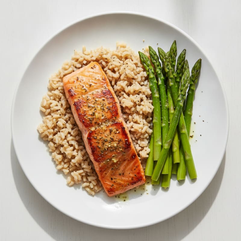 Grilled Salmon with Steamed Asparagus and Brown Rice