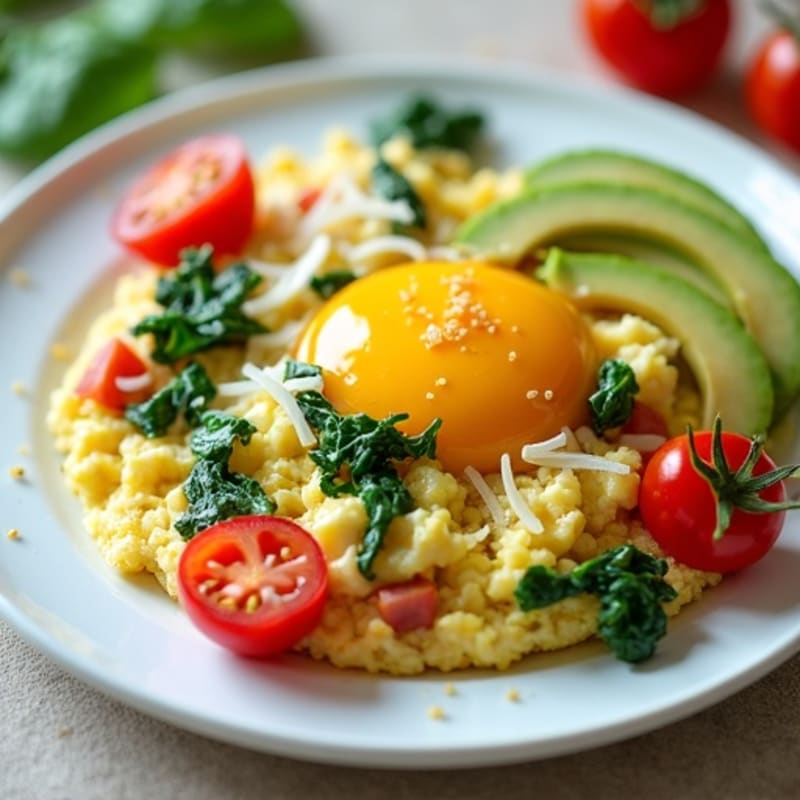 Cottage Cheese Egg White Scramble with Spinach and Cherry Tomatoes