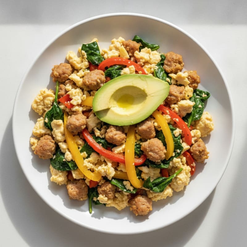 Egg White and Turkey Sausage Scramble with Spinach and Bell Peppers