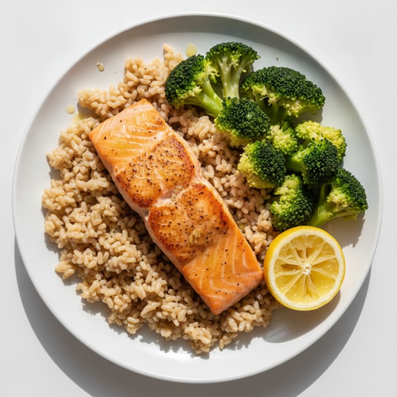 Seared Salmon with Steamed Broccoli and Brown Rice