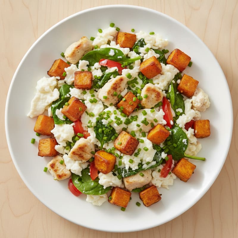 Chicken Egg White Scramble with Roasted Sweet Potato Cubes