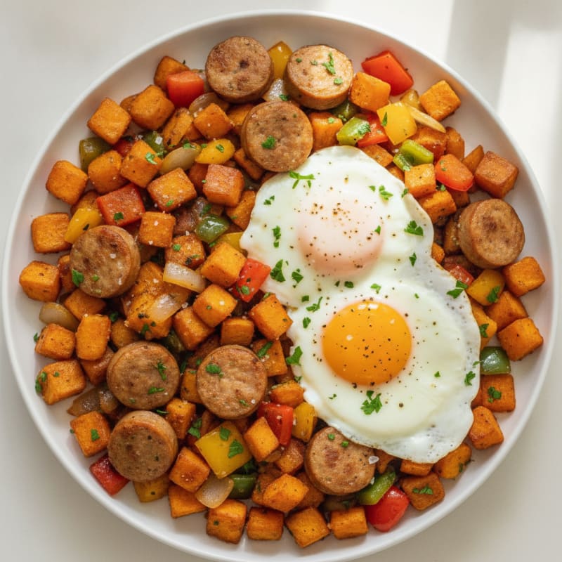 Chicken Sausage and Sweet Potato Hash with Eggs