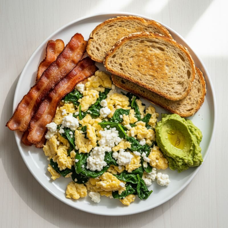 Cottage Cheese Scramble with Spinach and Turkey Bacon