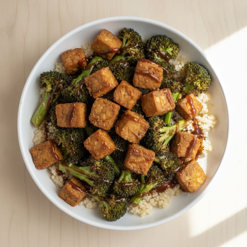 Crispy Tempeh and Quinoa Power Bowl with Roasted Broccoli