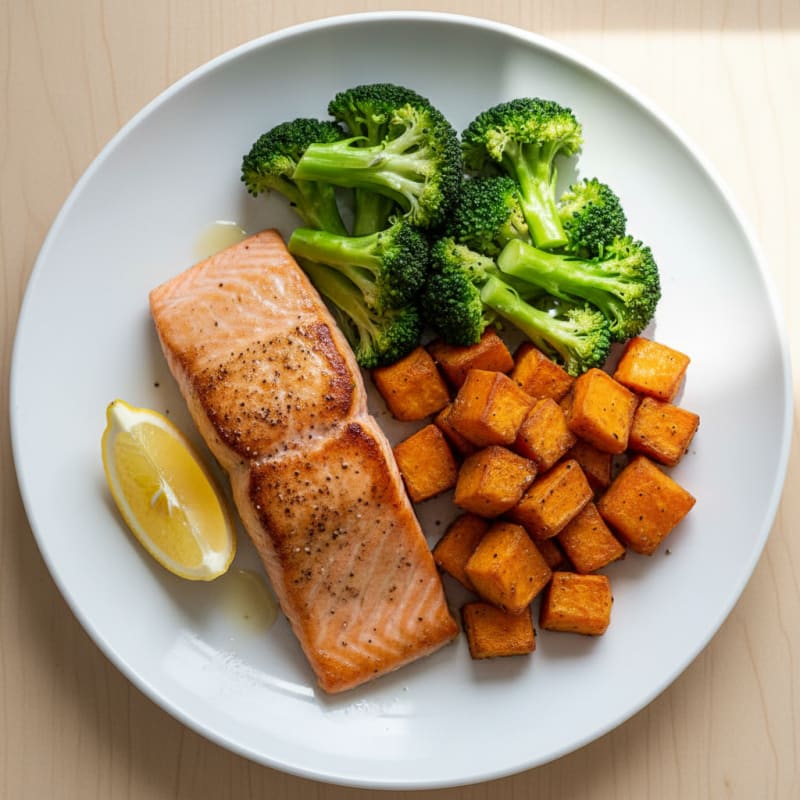 Seared Salmon with Roasted Sweet Potatoes and Steamed Broccoli