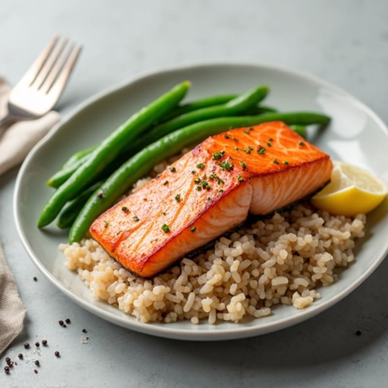 Seared Salmon with Steamed Green Beans and Brown Rice