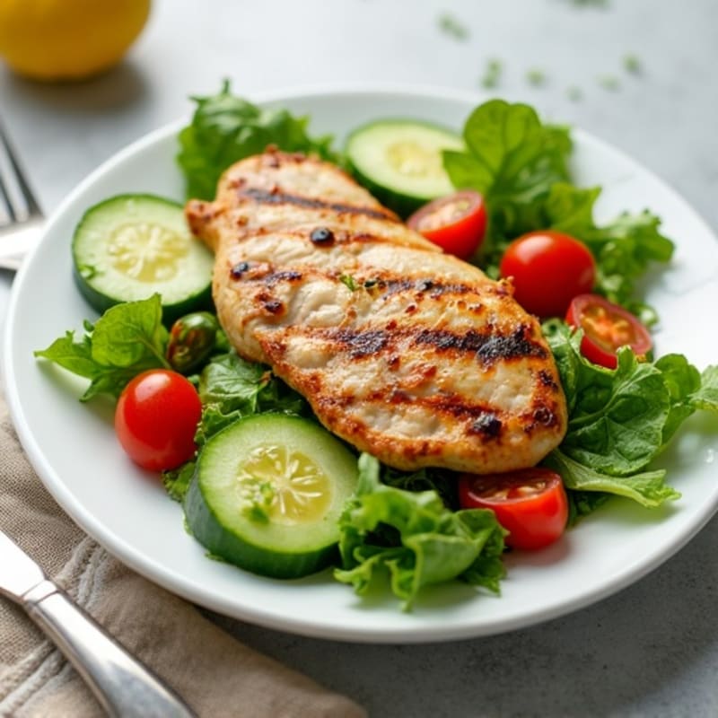 Grilled Chicken Breast Salad with Cucumber and Cherry Tomato