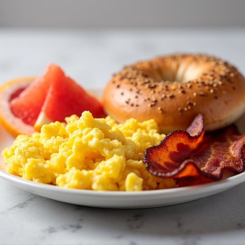 Scrambled Eggs with Crispy Bacon, Fresh Grapefruit, and Whole Wheat Bagel