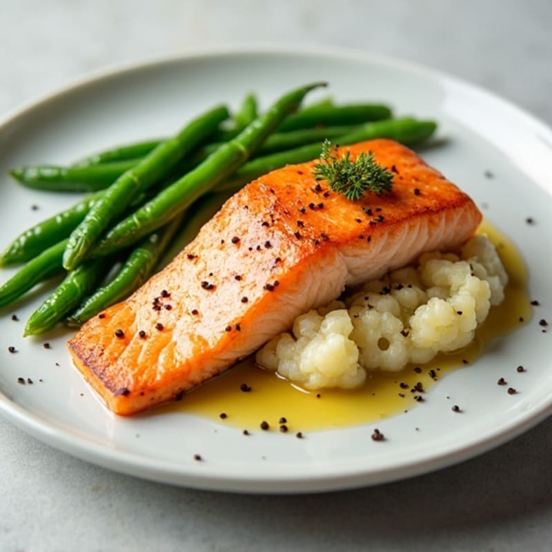 Seared Salmon with Steamed Green Beans and Garlic Cauliflower Mash