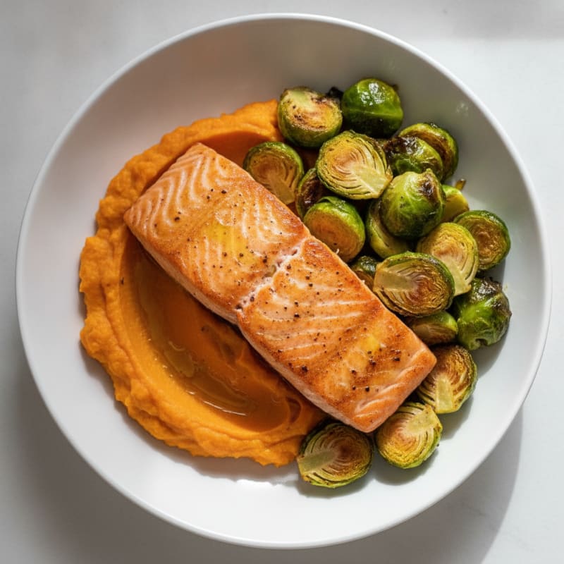 Seared Salmon Fillet with Roasted Brussels Sprouts and Sweet Potato Mash