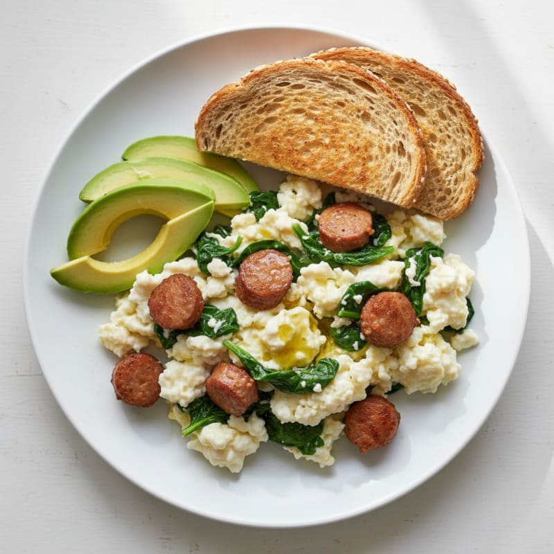 Egg White Spinach Scramble with Turkey Sausage