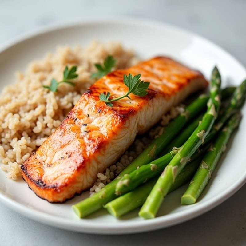 Seared Salmon with Steamed Asparagus and Brown Rice
