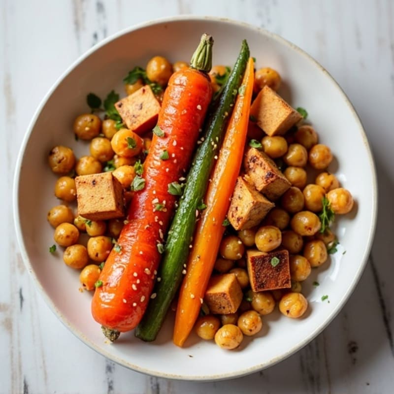 Honey-Maple Roasted Rainbow Carrots with Marinated Tofu and Chickpeas