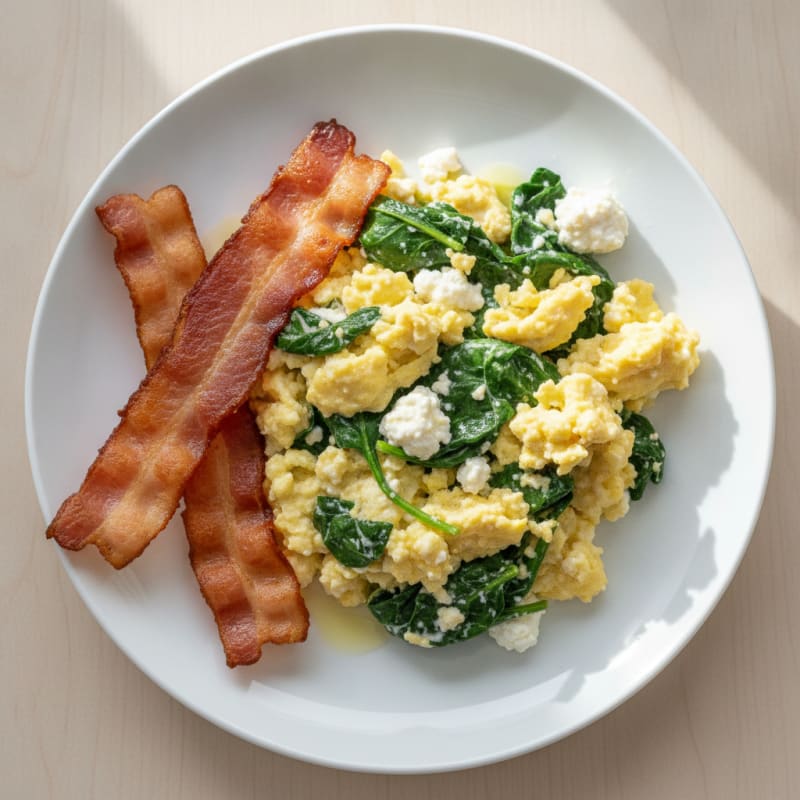 Cottage Cheese Egg Scramble with Spinach and Turkey Bacon